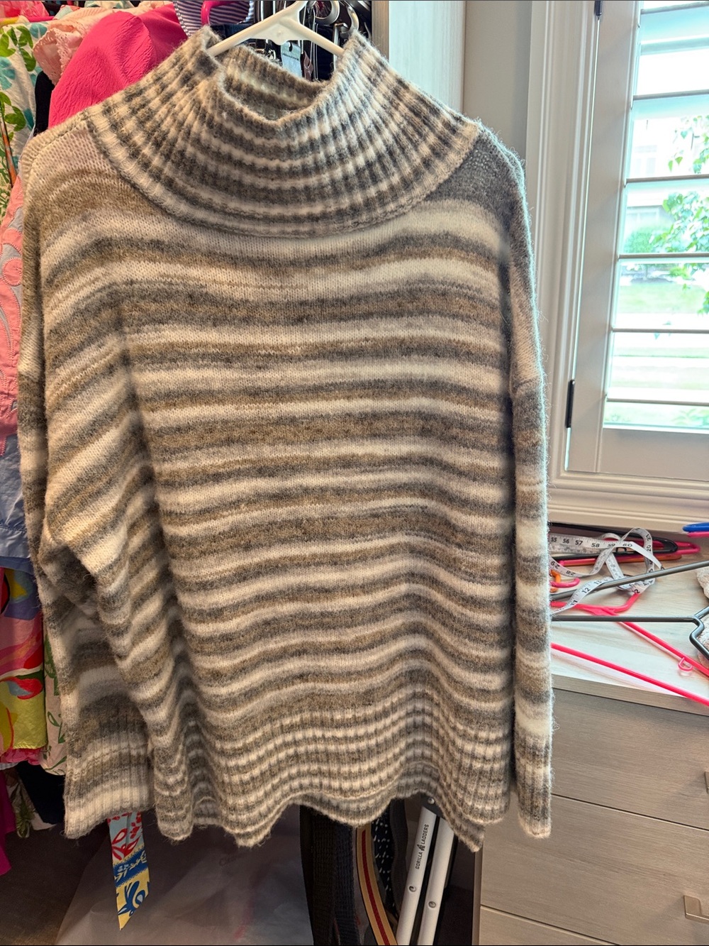 Women's Striped Turtleneck Sweater - Cream & Gray